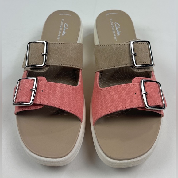 Clarks Cloudsteppers Drift Buckle Peach Canvas Womens 9.5 Wedge Sandals 26177850 - Picture 4 of 9